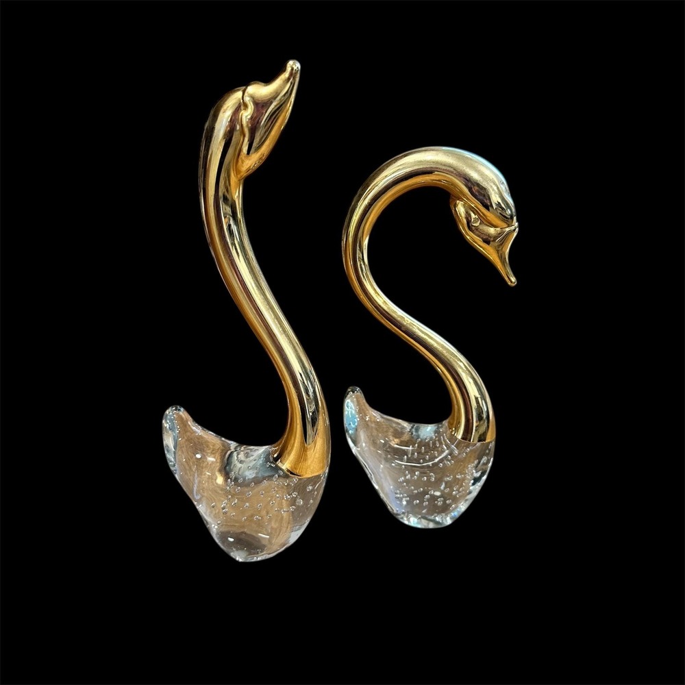 Vintage MCM Brass & Art Glass Swan Figurines - Bubble Glass Decor